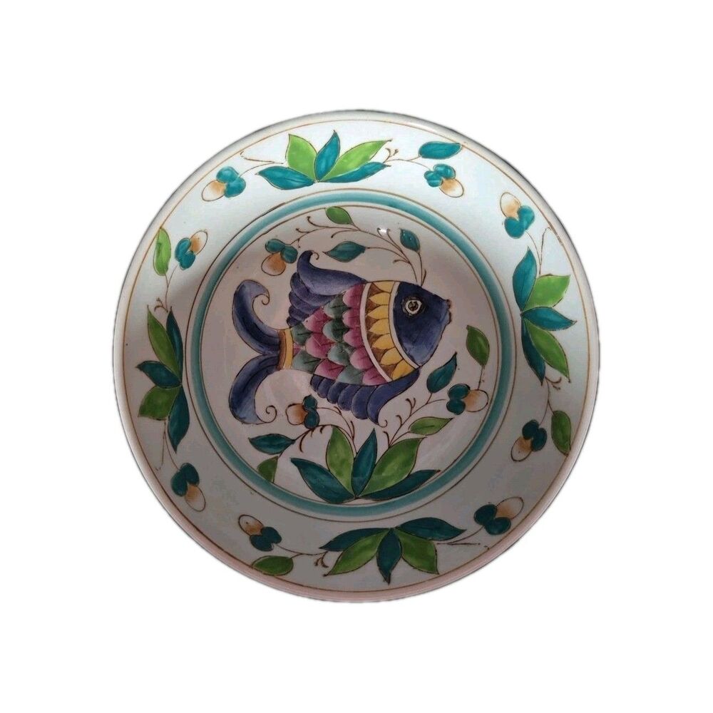 Lrg Decorative Fish Bowl Pottery Hand Painted Nautical Beach Condo Airbnb 10"